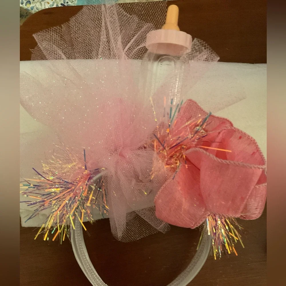 Baby Girl Shower Adorable Mother to Be Headband~Bottle, rattles, Garland, tulle!